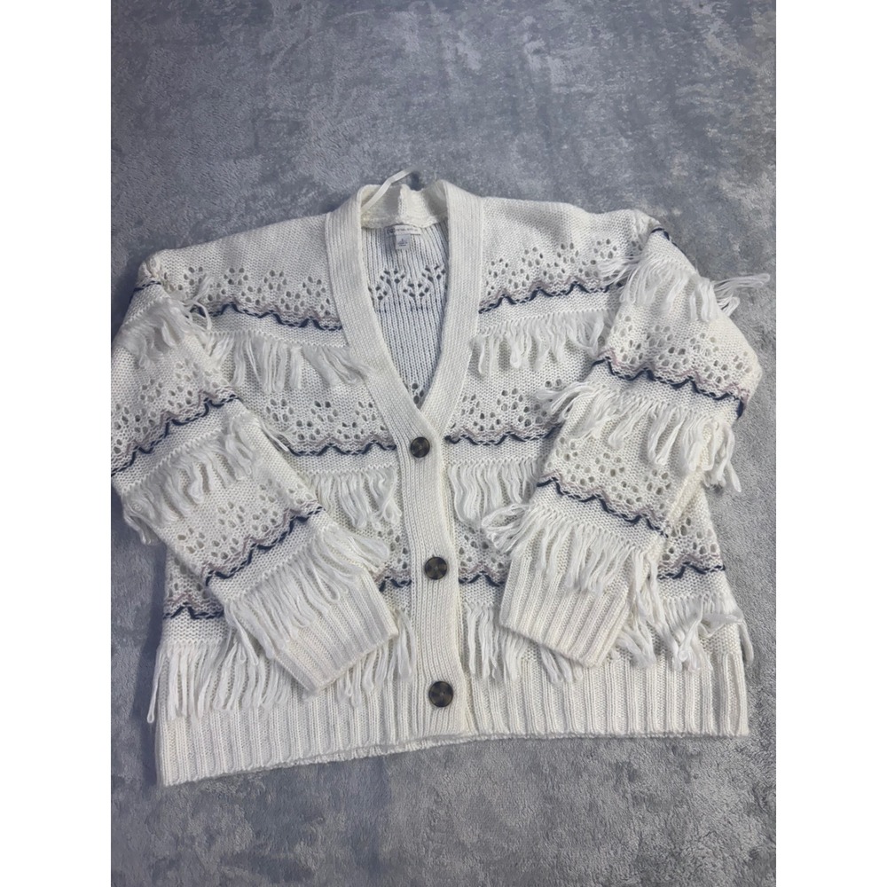 Cato Womens Cream White Pointelle Fringe Button Front Cardigan Sweater Large